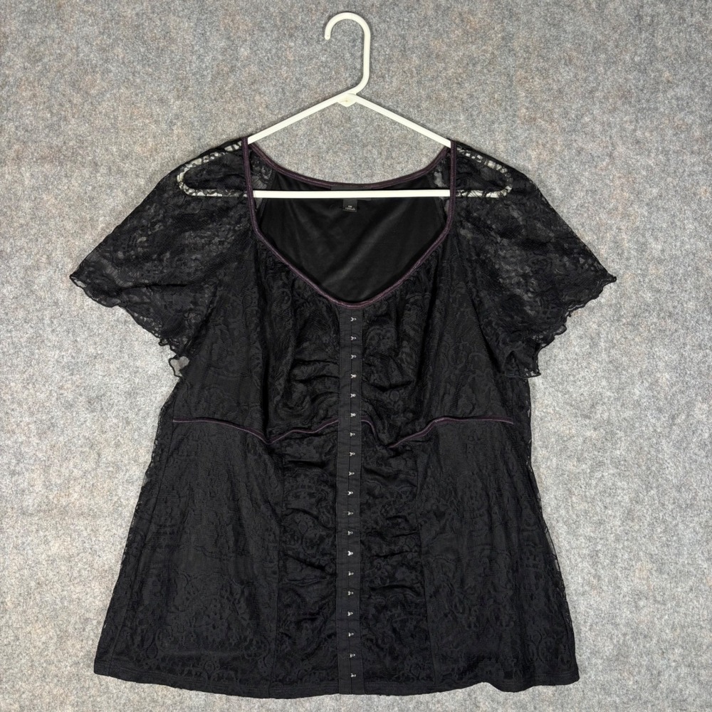 AGB Woman Lace Blouse Women 1X Black Purple Hook Eye Whimsigoth Goth Romantic